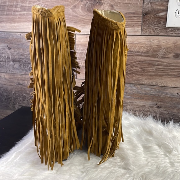 Ladies Moccasin Knee High Suede Wide Calf Leg Boots, Tan, - Picture 5 of 13